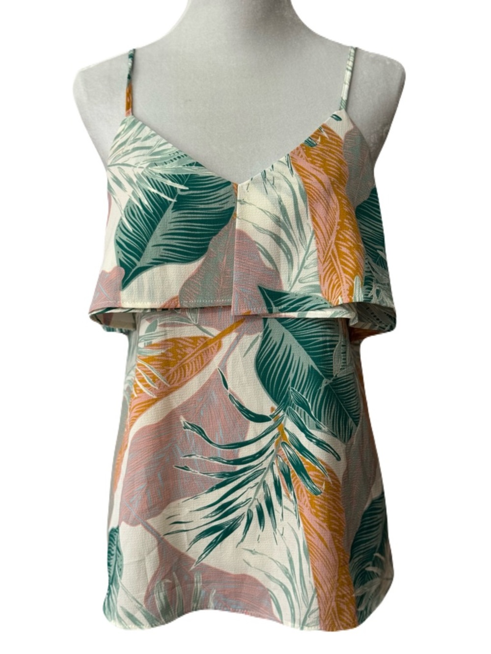 L Love Tropical Leaf Print Sleeveless Ruffle Textured Cami Top